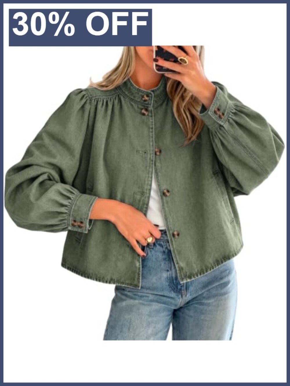 Women's Puff Long Sleeve Denim Jacket Button Down Loose Fit Casual
